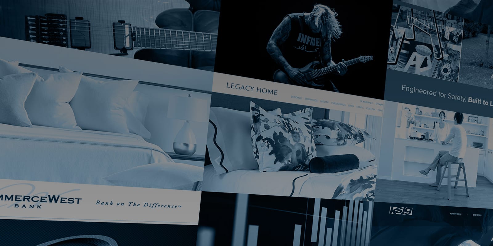 A collage of client website screens, tinted blue and set at an angle.