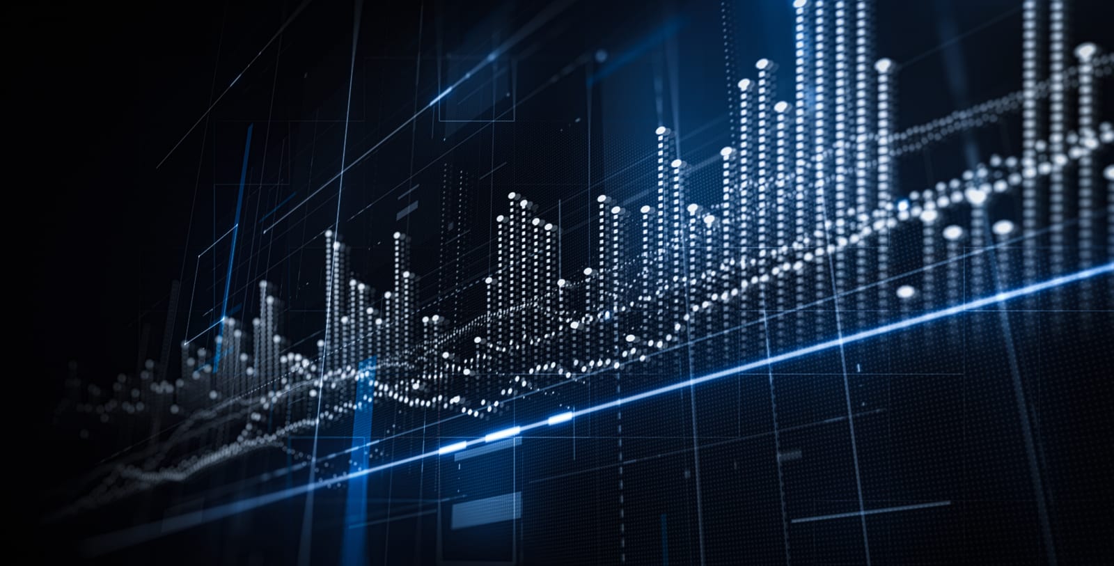 A rendering of a bar chart climbing across a dark blue grid, drawn in points of light.