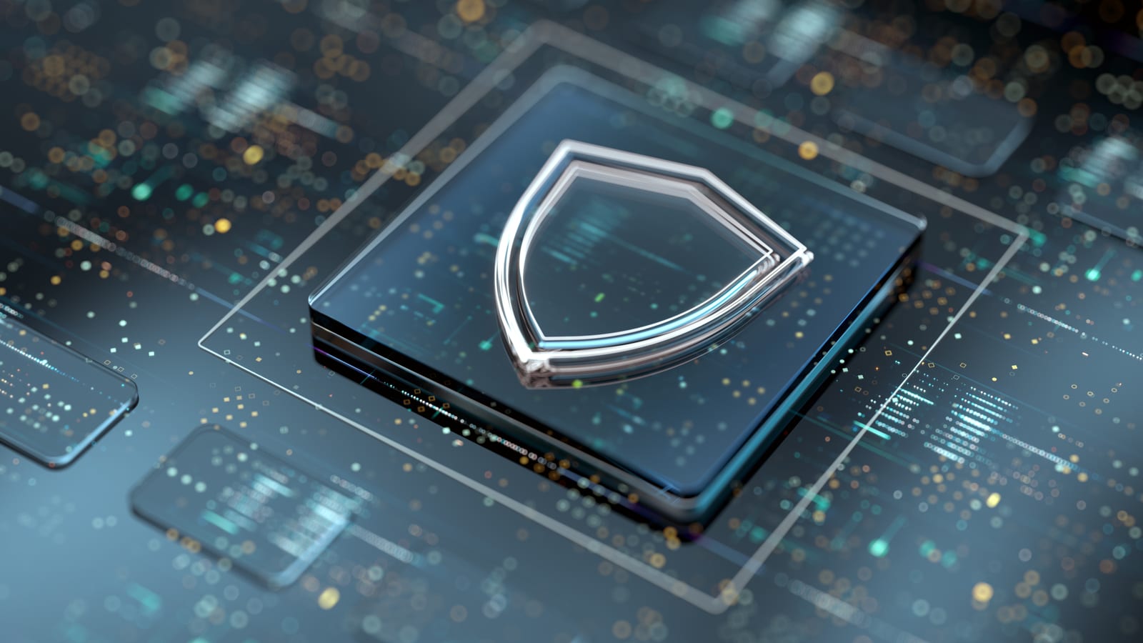 A rendering of a shield standing on a processor, lit pale blue over a circuit board.