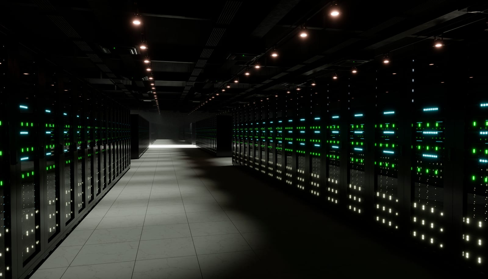 A data centre aisle, racks lit green and blue receding toward a lit doorway.