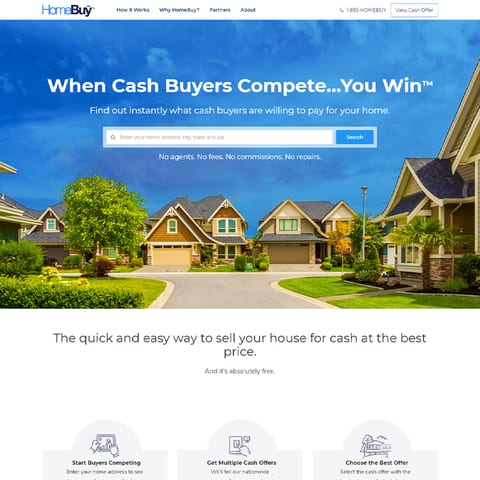 The HomeBuy website home page, with an address search for cash offers on a home.