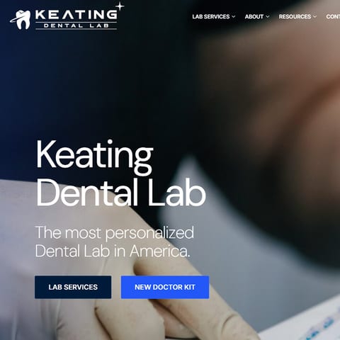 The Keating Dental Lab website, showing its product pages.