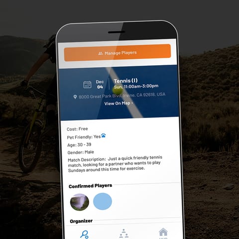The Match Play Hub app on a phone, showing a tennis match listing and its confirmed players.