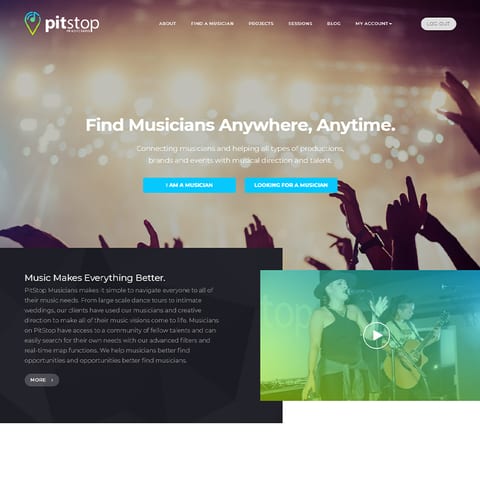 The PitStop Musicians website home page, for finding musicians for events and productions.