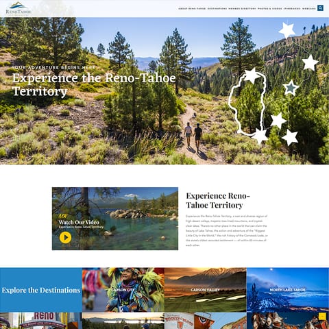 The Reno Tahoe Territory tourism site home page, with a grid of destinations.