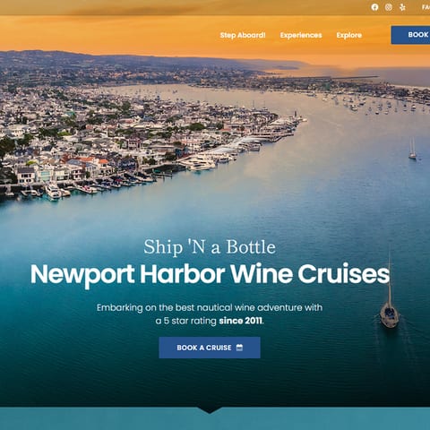 The Ship 'N a Bottle website home page, advertising Newport Harbour wine cruises.