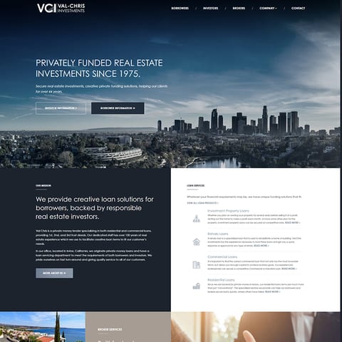 The Val-Chris Investments website home page, with its list of loan services.