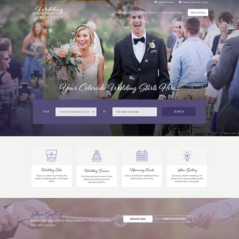 The Wedding Sites and Services Colorado website home page, with a venue search.